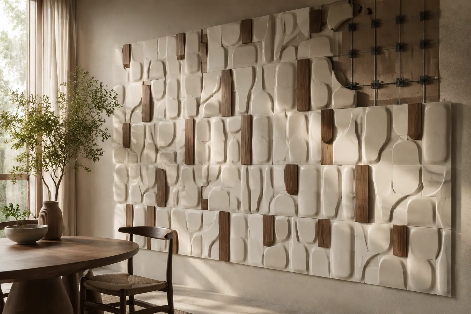 Parede modular tridimensional em cerâmica clara e madeira